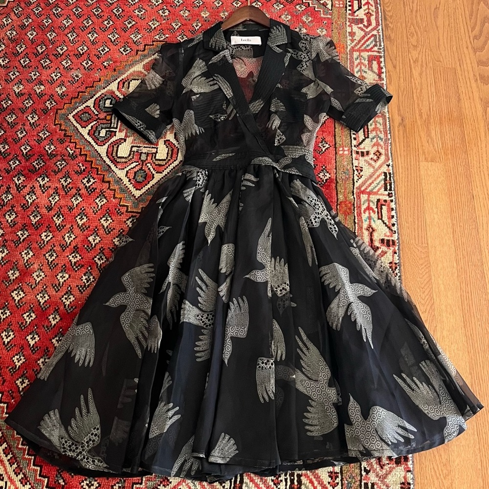 Luella Bartley Silk embroidered wrap dress birds cranes EU 40 US 8 vintage black
